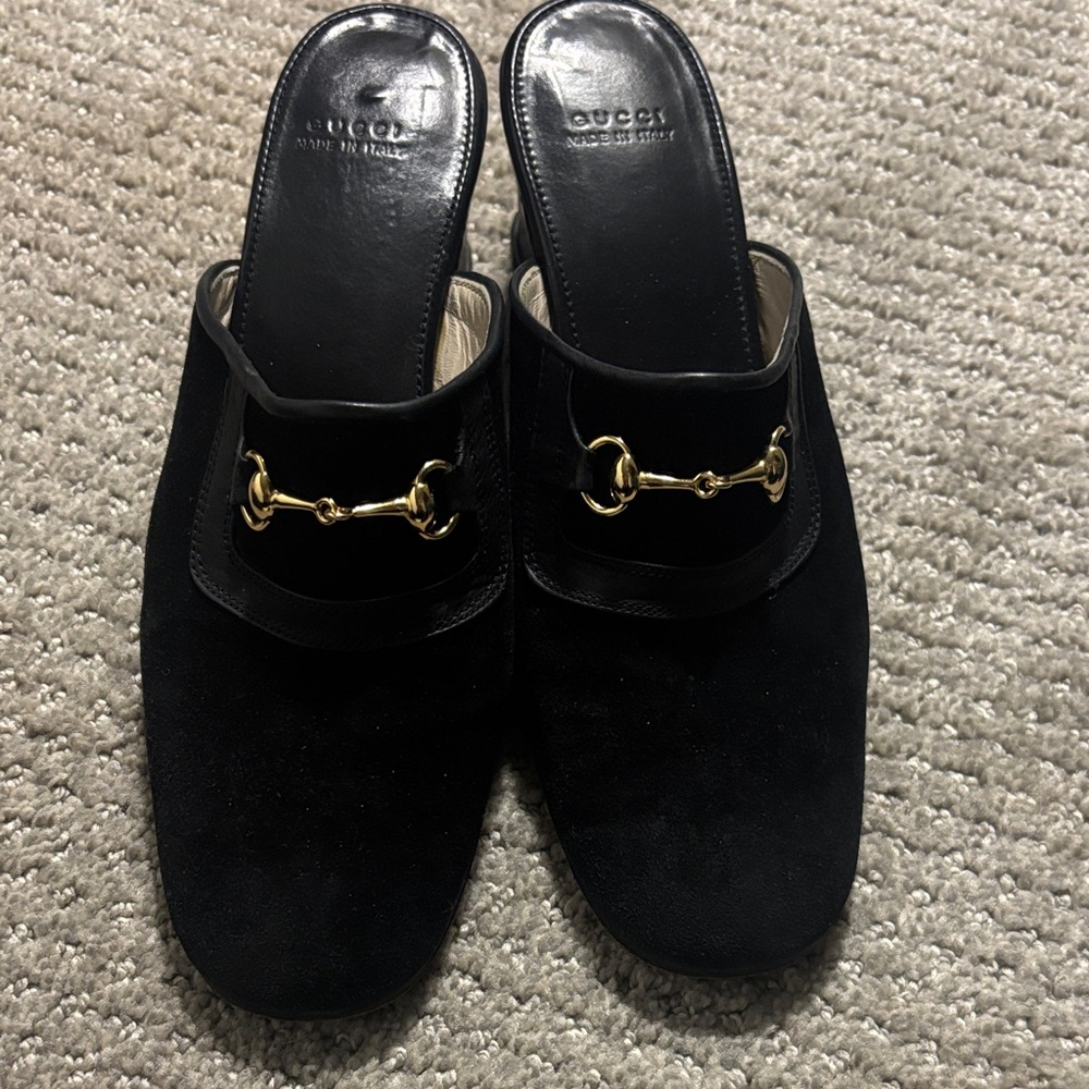 Gucci Women's Black Mules with Gold Detail